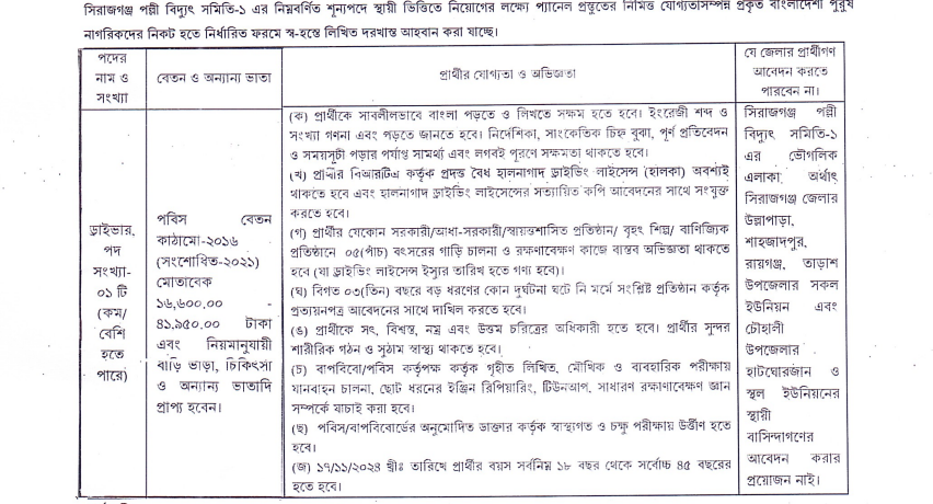 ড্রাইভার পদে পল্লী বিদ্যুৎ নিয়োগ বিজ্ঞপ্তি:সিরাজগঞ্জ পবিস-1